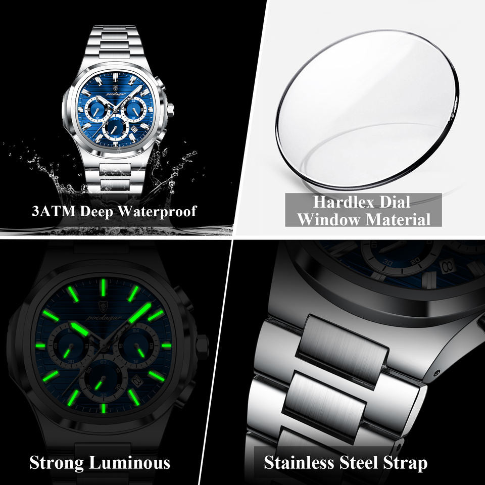Chronograph Watch for Men - Luxury Waterproof Stainless Steel Wristwatch